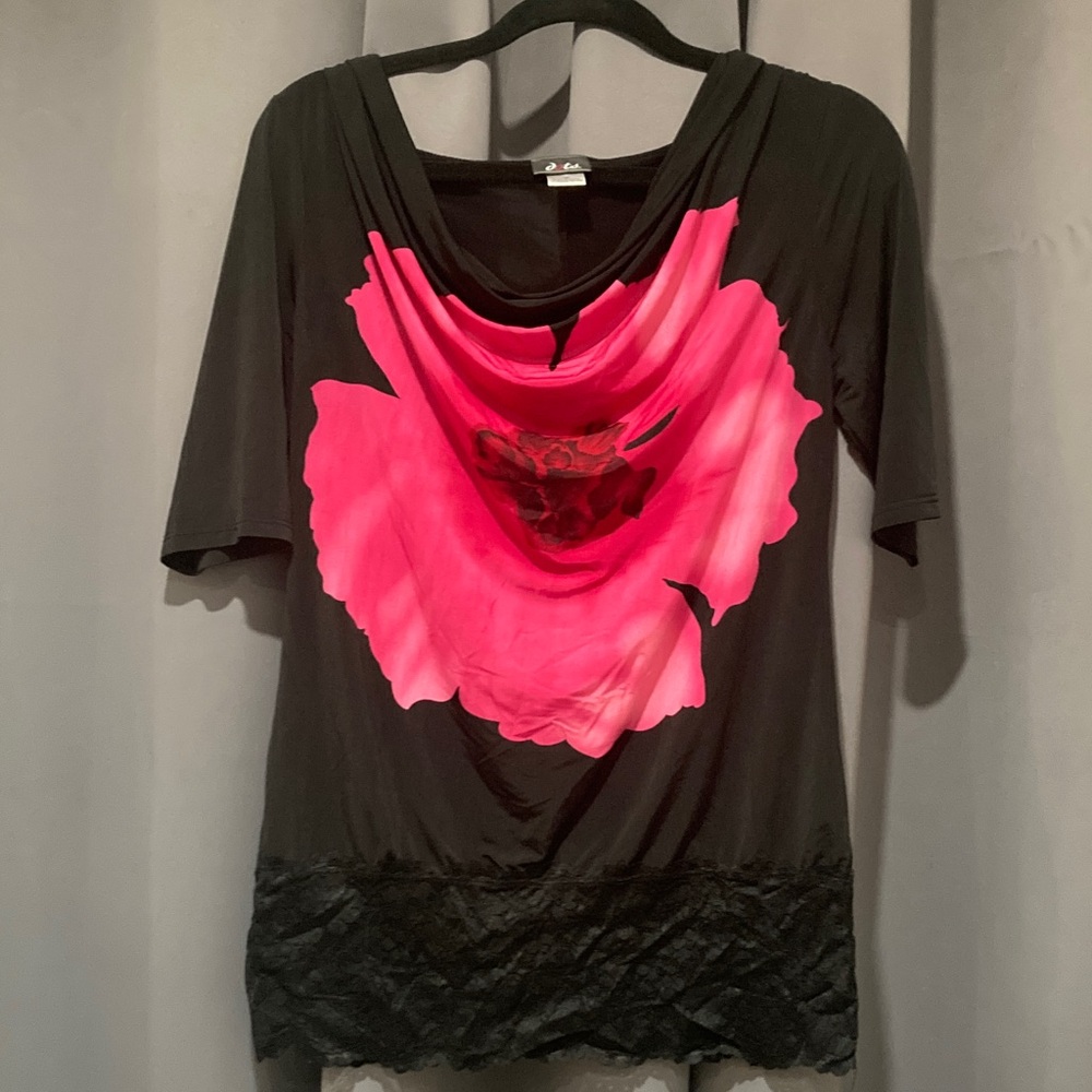 Dots Black Blouse with Pink Floral Accent